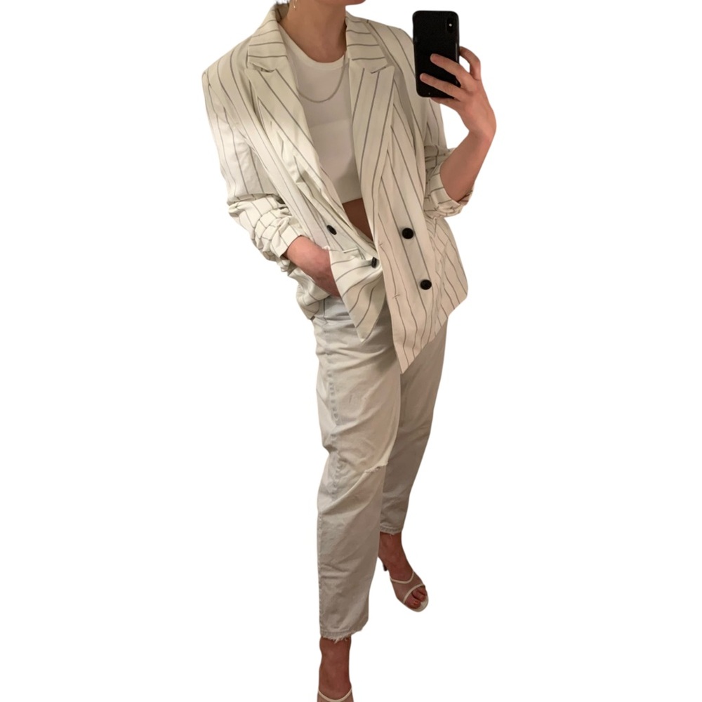 NWOT A NEW DAY 100% Cotton White Black Pinstripe Double Breasted Blazer - sz 16W - Picture 9 of 16